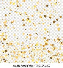 Star Sequin Confetti on Transparent Background. Vector Gold Glitter. Falling Particles on Floor. Voucher Gift Card Template. Christmas Party Frame. Isolated Flat Birthday Card. Golden Stars Banner.
