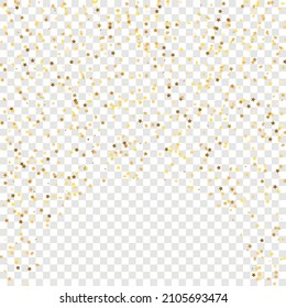 Star Sequin Confetti on Transparent Background. Voucher Gift Card Template. Christmas Party Frame. Vector Gold Glitter. Falling Particles on Floor. Isolated Flat Birthday Card. Golden Stars Banner.