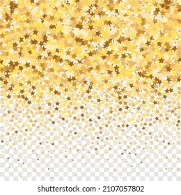 Star Sequin Confetti on Transparent Background. Vector Gold Glitter. Falling Particles on Floor. Isolated Flat Birthday Card. Golden Stars Banner. Christmas Party Frame. Voucher Gift Card Template.