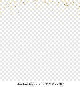 Star Sequin Confetti auf transparentem Hintergrund. Vector Gold Glitter. Fallende Partikel auf dem Boden. Weihnachtsfeierrahmen. Gutscheinkarten-Vorlage. Einzeln-Flach-Geburtstagskarte. Banner der goldenen Sterne.