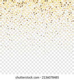 Star Sequin Confetti sobre fondo transparente. Glitter de oro vectorial. Cayendo partículas en el suelo. Marco de fiesta de Navidad. Plantilla de tarjeta regalo de cupón. Tarjeta de cumpleaños plana aislada. Cartel de las estrellas de oro.