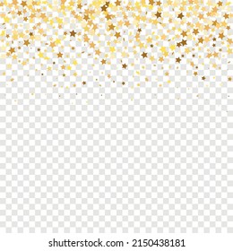 Star Sequin Confetti on Transparent Background. Vector Gold Glitter. Falling Particles on Floor. Isolated Flat Birthday Card. Golden Stars Banner. Christmas Party Frame. Voucher Gift Card Template.