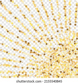 Star Sequin Confetti auf transparentem Hintergrund. Einzeln-Flach-Geburtstagskarte. Banner der goldenen Sterne. Gutscheinkarten-Vorlage. Vector Gold Glitter. Fallende Partikel auf dem Boden. Weihnachtsfeierrahmen.