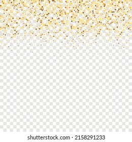 Star Sequin Confetti sobre fondo transparente. Marco de fiesta de Navidad. Glitter de oro vectorial. Cayendo partículas en el suelo. Plantilla de tarjeta regalo de cupón. Tarjeta de cumpleaños plana aislada. Cartel de las estrellas de oro.