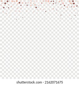 Star Sequin Confetti sobre fondo transparente. Tarjeta de cumpleaños plana aislada. Cartel de las estrellas de oro. Marco de fiesta de Navidad. Plantilla de tarjeta regalo de cupón. Glitter de oro vectorial. Cayendo partículas en el suelo.