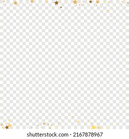 Star Sequin Confetti on Transparent Background. Isolated Flat Birthday Card. Golden Stars Banner. Voucher Gift Card Template. Christmas Party Frame. Vector Gold Glitter. Falling Particles on Floor.