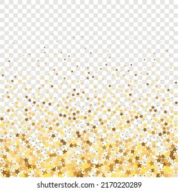 Star Sequin Confetti on Transparent Background. Isolated Flat Birthday Card. Golden Stars Banner. Vector Gold Glitter. Falling Particles on Floor. Christmas Party Frame. Voucher Gift Card Template.