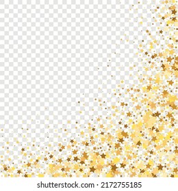 Star Sequin Confetti on Transparent Background. Isolated Flat Birthday Card. Golden Stars Banner. Vector Gold Glitter. Falling Particles on Floor. Christmas Party Frame. Voucher Gift Card Template.