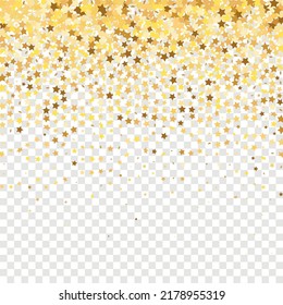 Star Sequin Confetti sobre fondo transparente. Tarjeta de cumpleaños plana aislada. Cartel de las estrellas de oro. Plantilla de tarjeta regalo de cupón. Glitter de oro vectorial. Cayendo partículas en el suelo. Marco de fiesta de Navidad.