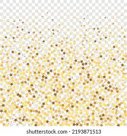 Star Sequin Confetti auf transparentem Hintergrund. Weihnachtsfeierrahmen. Gutscheinkarten-Vorlage. Einzeln-Flach-Geburtstagskarte. Banner der goldenen Sterne. Vector Gold Glitter. Fallende Partikel auf dem Boden.