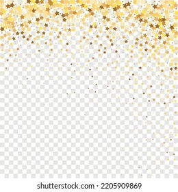 Star Sequin Confetti on Transparent Background. Voucher Gift Card Template. Isolated Flat Birthday Card. Golden Stars Banner. Vector Gold Glitter. Falling Particles on Floor. Christmas Party Frame.