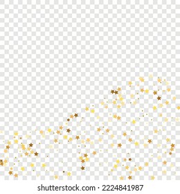 Star Sequin Confetti on Transparent Background. Christmas Party Frame. Vector Gold Glitter. Falling Particles on Floor. Voucher Gift Card Template. Isolated Flat Birthday Card. Golden Stars Banner.