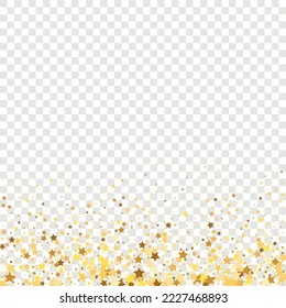 Star Sequin Confetti on Transparent Background. Voucher Gift Card Template. Isolated Flat Birthday Card. Golden Stars Banner. Christmas Party Frame. Vector Gold Glitter. Falling Particles on Floor.