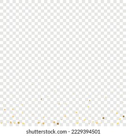 Star Sequin Confetti on Transparent Background. Vector Gold Glitter. Falling Particles on Floor. Christmas Party Frame. Isolated Flat Birthday Card. Golden Stars Banner. Voucher Gift Card Template.