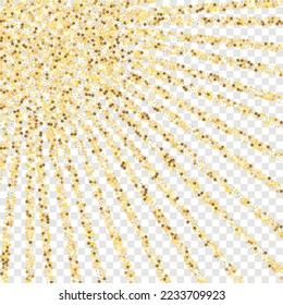 Star Sequin Confetti sobre fondo transparente. Marco de fiesta de Navidad. Tarjeta de cumpleaños plana aislada. Cartel de las estrellas de oro. Plantilla de tarjeta regalo de cupón. Glitter de oro vectorial. Cayendo partículas en el suelo.