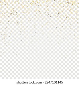 Star Sequin Confetti sobre fondo transparente. Glitter de oro vectorial. Cayendo partículas en el suelo. Plantilla de tarjeta regalo de cupón. Tarjeta de cumpleaños plana aislada. Cartel de las estrellas de oro. Marco de fiesta de Navidad.