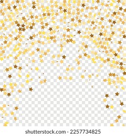 Star Sequin Confetti sobre fondo transparente. Plantilla de tarjeta regalo de cupón. Glitter de oro vectorial. Cayendo partículas en el suelo. Tarjeta de cumpleaños plana aislada. Cartel de las estrellas de oro. Marco de fiesta de Navidad.