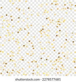 Star Sequin Confetti on Transparent Background. Isolated Flat Birthday Card. Golden Stars Banner. Voucher Gift Card Template. Christmas Party Frame. Vector Gold Glitter. Falling Particles on Floor.