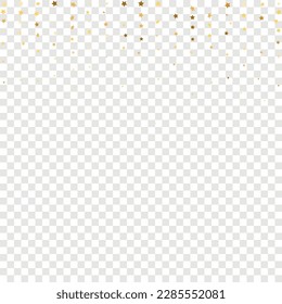 Star Sequin Confetti on Transparent Background. Christmas Party Frame. Voucher Gift Card Template. Isolated Flat Birthday Card. Golden Stars Banner. Vector Gold Glitter. Falling Particles on Floor.