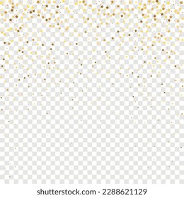 Star Sequin Confetti on Transparent Background. Voucher Gift Card Template. Christmas Party Frame. Isolated Flat Birthday Card. Golden Stars Banner. Vector Gold Glitter. Falling Particles on Floor.