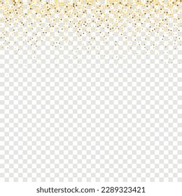 Star Sequin Confetti auf transparentem Hintergrund. Weihnachtsfeierrahmen. Einzeln-Flach-Geburtstagskarte. Banner der goldenen Sterne. Vector Gold Glitter. Fallende Partikel auf dem Boden. Gutscheinkarten-Vorlage.