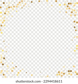 Star Sequin Confetti on Transparent Background. Voucher Gift Card Template. Vector Gold Glitter. Falling Particles on Floor. Christmas Party Frame. Isolated Flat Birthday Card. Golden Stars Banner.