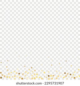 Star Sequin Confetti on Transparent Background. Vector Gold Glitter. Falling Particles on Floor. Christmas Party Frame. Isolated Flat Birthday Card. Golden Stars Banner. Voucher Gift Card Template.