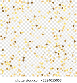 Star Sequin Confetti on Transparent Background. Isolated Flat Birthday Card. Golden Stars Banner. Christmas Party Frame. Vector Gold Glitter. Falling Particles on Floor. Voucher Gift Card Template.