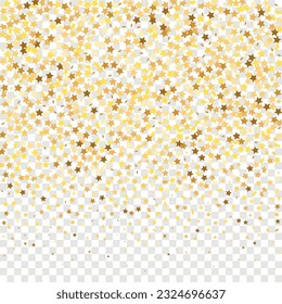 Star Sequin Confetti on Transparent Background. Vector Gold Glitter. Falling Particles on Floor. Voucher Gift Card Template. Isolated Flat Birthday Card. Golden Stars Banner. Christmas Party Frame.