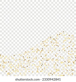 Star Sequin Confetti on Transparent Background. Voucher Gift Card Template. Christmas Party Frame. Vector Gold Glitter. Falling Particles on Floor. Isolated Flat Birthday Card. Golden Stars Banner.