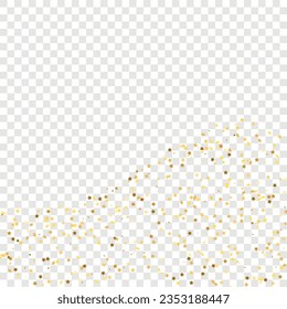 Star Sequin Confetti on Transparent Background. Isolated Flat Birthday Card. Golden Stars Banner. Christmas Party Frame. Voucher Gift Card Template. Vector Gold Glitter. Falling Particles on Floor.