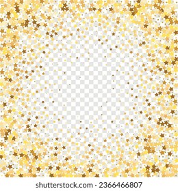 Star Sequin Confetti on Transparent Background. Isolated Flat Birthday Card. Golden Stars Banner. Voucher Gift Card Template. Vector Gold Glitter. Falling Particles on Floor. Christmas Party Frame.