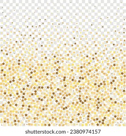 Star Sequin Confetti on Transparent Background. Vector Gold Glitter. Falling Particles on Floor. Isolated Flat Birthday Card. Golden Stars Banner. Voucher Gift Card Template. Christmas Party Frame.