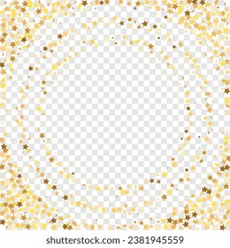 Star Sequin Confetti on Transparent Background. Vector Gold Glitter. Falling Particles on Floor. Isolated Flat Birthday Card. Golden Stars Banner. Voucher Gift Card Template. Christmas Party Frame.