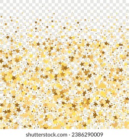 Star Sequin Confetti on Transparent Background. Christmas Party Frame. Vector Gold Glitter. Falling Particles on Floor. Isolated Flat Birthday Card. Golden Stars Banner. Voucher Gift Card Template.