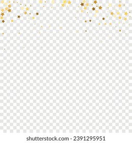 Star Sequin Confetti on Transparent Background. Vector Gold Glitter. Falling Particles on Floor. Christmas Party Frame. Voucher Gift Card Template. Isolated Flat Birthday Card. Golden Stars Banner.
