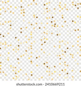 Star Sequin Confetti on Transparent Background. Voucher Gift Card Template. Isolated Flat Birthday Card. Golden Stars Banner. Christmas Party Frame. Vector Gold Glitter. Falling Particles on Floor.
