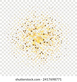 Star Sequin Confetti on Transparent Background. Voucher Gift Card Template. Isolated Flat Birthday Card. Golden Stars Banner. Vector Gold Glitter. Falling Particles on Floor. Christmas Party Frame.