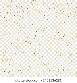 Star Sequin Confetti on Transparent Background. Vector Gold Glitter. Falling Particles on Floor. Isolated Flat Birthday Card. Golden Stars Banner. Christmas Party Frame. Voucher Gift Card Template.