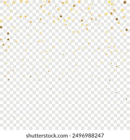 Stern-Pailletten-Konfetti auf transparentem Hintergrund. Gutschein-Geschenkkartenvorlage. Einzige Geburtstagskarte. Banner der Goldenen Sterne. Weihnachtsfeier Rahmen. Vektor Gold Glitter. Fallende Partikel auf dem Boden.