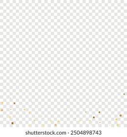 Star Sequin Confetti on Transparent Background. Christmas Party Frame. Voucher Gift Card Template. Vector Gold Glitter. Falling Particles on Floor. Isolated Flat Birthday Card. Golden Stars Banner.