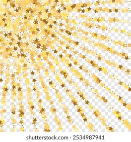 Stern-Pailletten-Konfetti auf transparentem Hintergrund. Weihnachtsfeier Rahmen. Einzige Geburtstagskarte. Banner der Goldenen Sterne. Gutschein-Geschenkkartenvorlage. Vektor Gold Glitter. Fallende Partikel auf dem Boden.