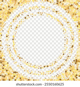 Star Sequin Confetti on Transparent Background. Vector Gold Glitter. Falling Particles on Floor. Christmas Party Frame. Isolated Flat Birthday Card. Golden Stars Banner. Voucher Gift Card Template.