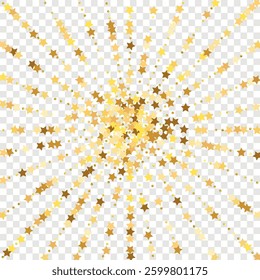 Star Sequin Confetti on Transparent Background. Voucher Gift Card Template. Vector Gold Glitter. Falling Particles on Floor. Isolated Flat Birthday Card. Golden Stars Banner. Christmas Party Frame.