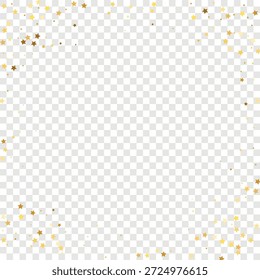Stern-Pailletten-Konfetti auf transparentem Hintergrund. Vektor Gold Glitter. Fallende Partikel auf dem Boden. Weihnachtsfeier Rahmen. Einzige Geburtstagskarte. Banner der Goldenen Sterne. Gutschein-Geschenkkartenvorlage.