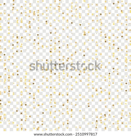 Star Sequin Confetti on Transparent Background. Isolated Flat Birthday Card. Golden Stars Banner. Christmas Party Frame. Voucher Gift Card Template. Vector Gold Glitter. Falling Particles on Floor.