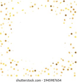 Star Sequin Confetti on White Background. Voucher Gift Card Template. Christmas Party Frame. Vector Gold Glitter. Falling Particles on Floor. Isolated Flat Birthday Card. Golden Stars Banner.