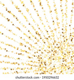 Star Sequin Confetti on White Background. Christmas Party Frame. Isolated Flat Birthday Card. Golden Stars Banner. Voucher Gift Card Template. Vector Gold Glitter. Falling Particles on Floor.