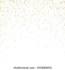 Star Sequin Confetti auf weißem Hintergrund. Vector Gold Glitter. Fallende Partikel auf dem Boden. Einzeln-Flach-Geburtstagskarte. Banner der goldenen Sterne. Weihnachtsfeierrahmen. Gutscheinkarten-Vorlage.