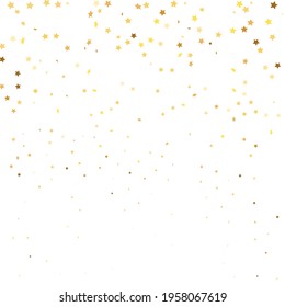 Star Sequin Confetti on White Background. Voucher Gift Card Template. Vector Gold Glitter. Falling Particles on Floor. Christmas Party Frame. Isolated Flat Birthday Card. Golden Stars Banner.